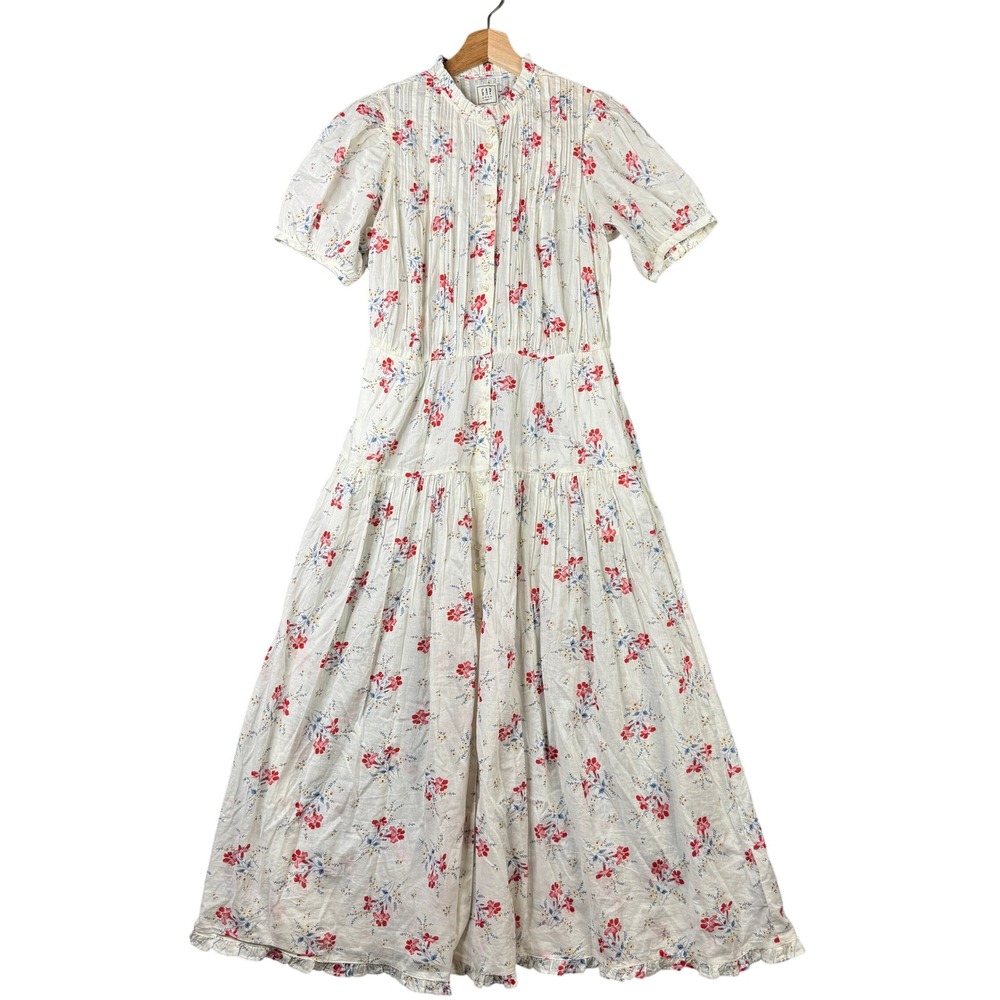 Gap x DOEN White Floral Pintuck Maxi Dress Short Sleeve Cotton Size XS